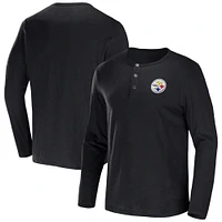 Men's NFL x Darius Rucker Collection by Fanatics Black Pittsburgh Steelers Slub Jersey Henley Long Sleeve T-Shirt