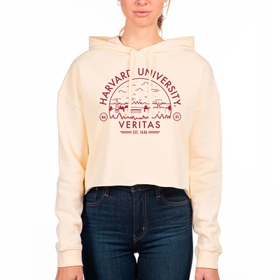 Women's Uscape Apparel Cream Harvard Crimson Circle Scene Raw Edge Cropped Pullover Hoodie