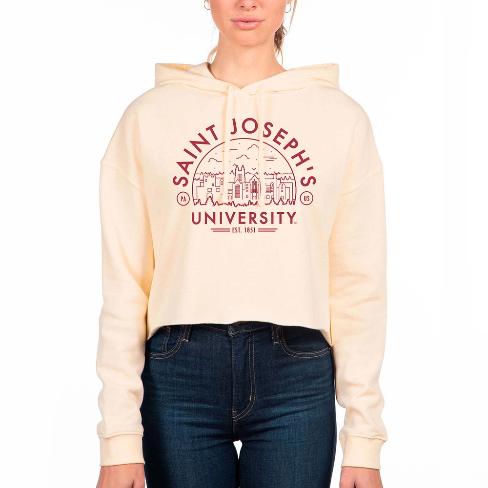 Women's Uscape Apparel Cream Saint Joseph's Hawks Circle Scene Raw Edge Cropped Pullover Hoodie