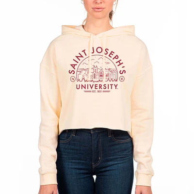 Women's Uscape Apparel Cream Saint Joseph's Hawks Circle Scene Raw Edge Cropped Pullover Hoodie