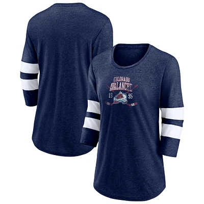 Women's Fanatics Heather Navy Colorado Avalanche Line Shift Tri-Blend Three-Quarter Sleeve T-Shirt