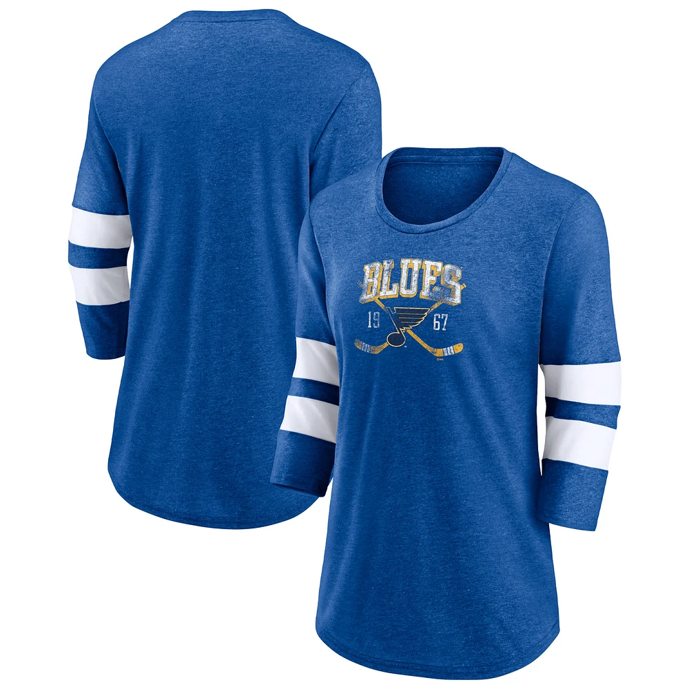 Women's Fanatics Heather Blue St. Louis Blues Line Shift Tri-Blend Three-Quarter Sleeve T-Shirt