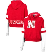 Women's Colosseum Scarlet Nebraska Huskers Throwback Stripe Arch Logo Cropped Pullover Hoodie