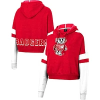 Women's Colosseum Heather Red Wisconsin Badgers Throwback Stripe Arch Logo Cropped Pullover Hoodie