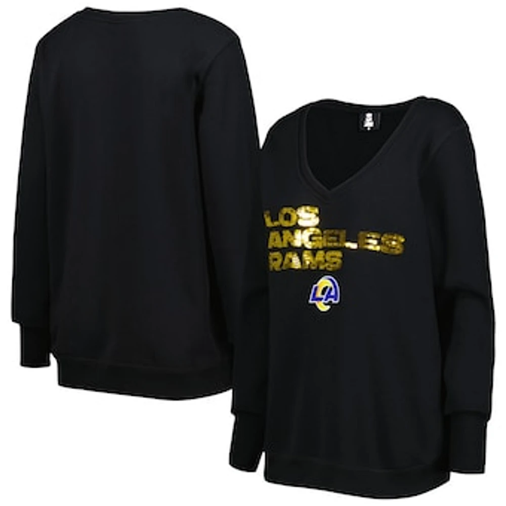 Women's Cuce Black Los Angeles Rams Sequin Logo V-Neck Pullover Sweatshirt