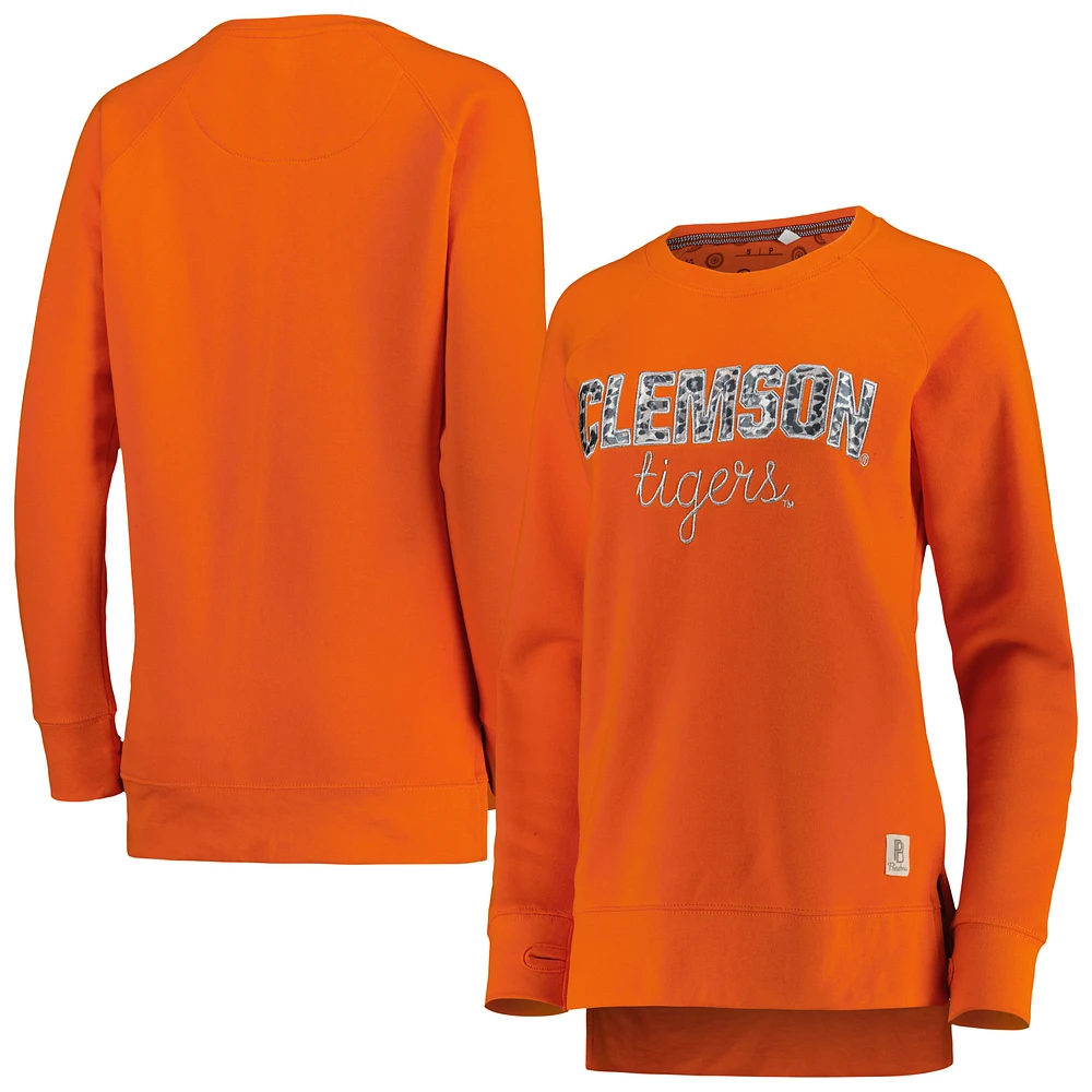 Women's Pressbox Orange Clemson Tigers Steamboat Animal Print Raglan Pullover Sweatshirt