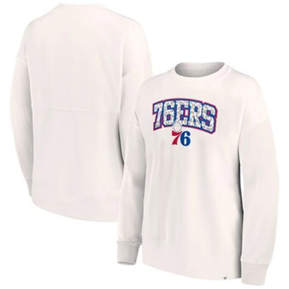 Women's Fanatics White Philadelphia 76ers Tonal Leopard Pullover Sweatshirt