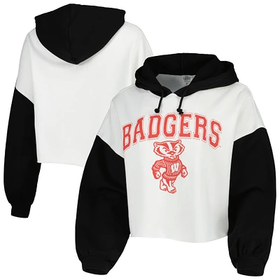 Women's Gameday Couture White/Black Wisconsin Badgers Good Time Color Block Cropped Hoodie