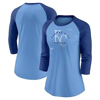 Women's Nike Royal/Light Blue Kansas City Royals Next Up Tri-Blend Raglan 3/4-Sleeve T-Shirt