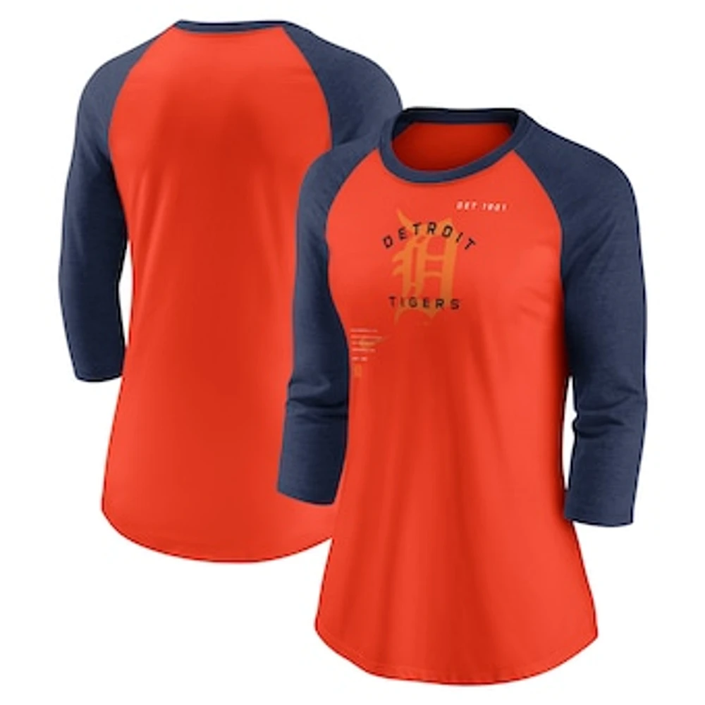 Women's Nike Orange/Navy Detroit Tigers Next Up Tri-Blend Raglan 3/4-Sleeve T-Shirt