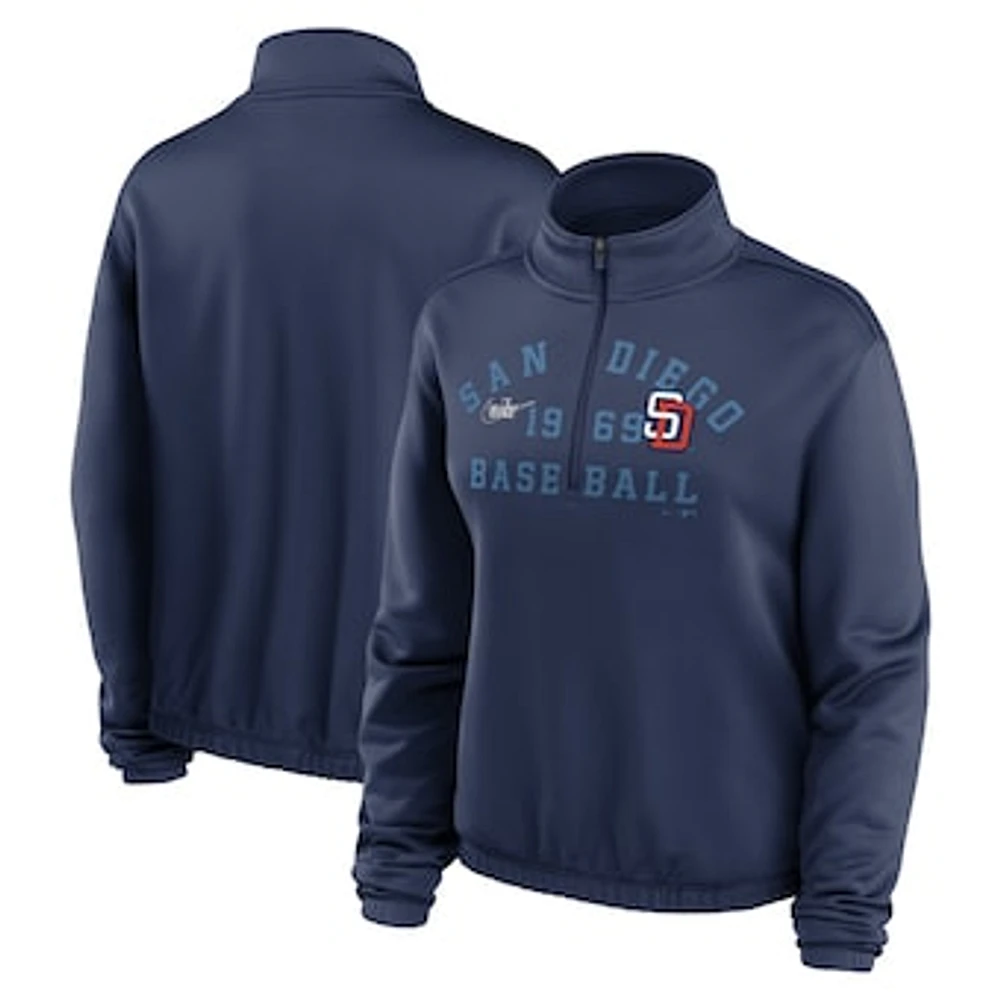 Women's Nike Navy San Diego Padres Rewind Splice Half-Zip Semi-Cropped Bubble Hem Sweatshirt