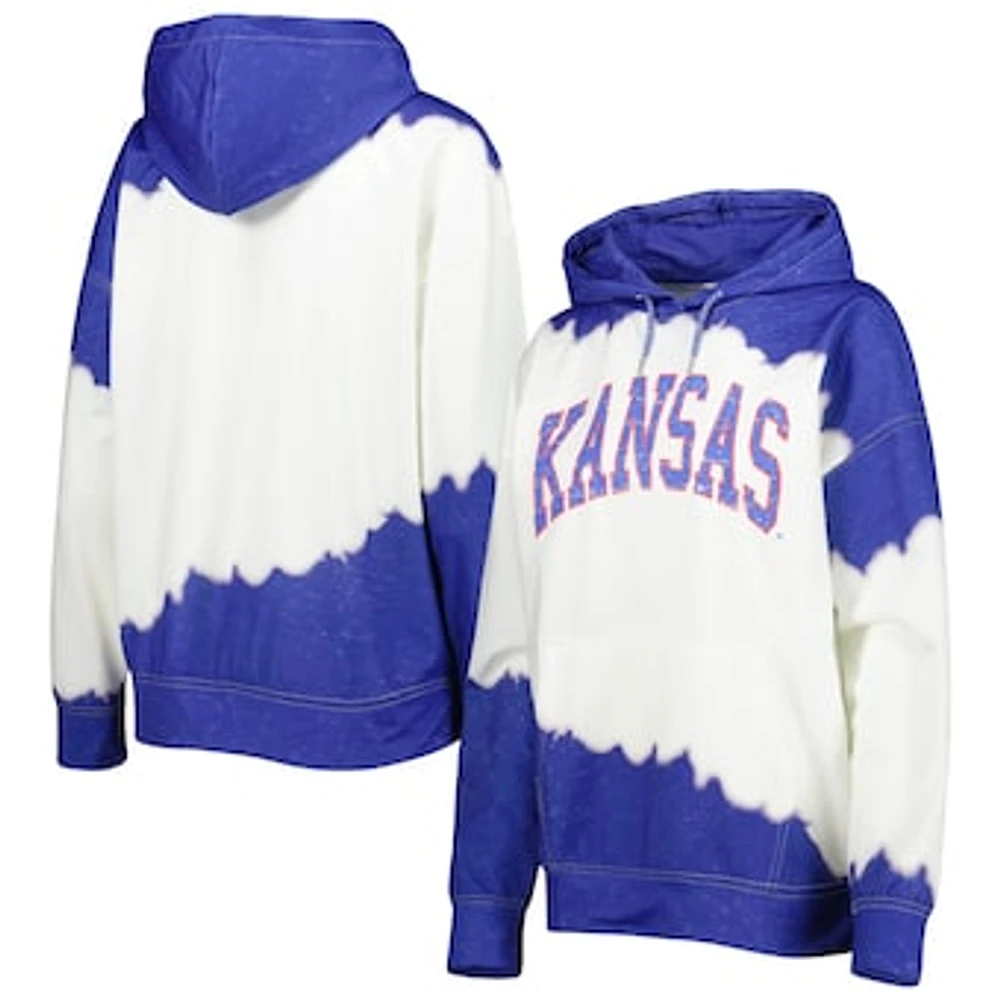 Women's Gameday Couture White/Royal Kansas Jayhawks For the Fun Double Dip-Dyed Pullover Hoodie