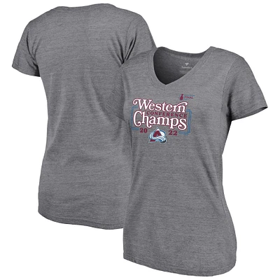 Women's Fanatics Heathered Gray Colorado Avalanche 2022 Western Conference Champions Line Shift V-Neck T-Shirt