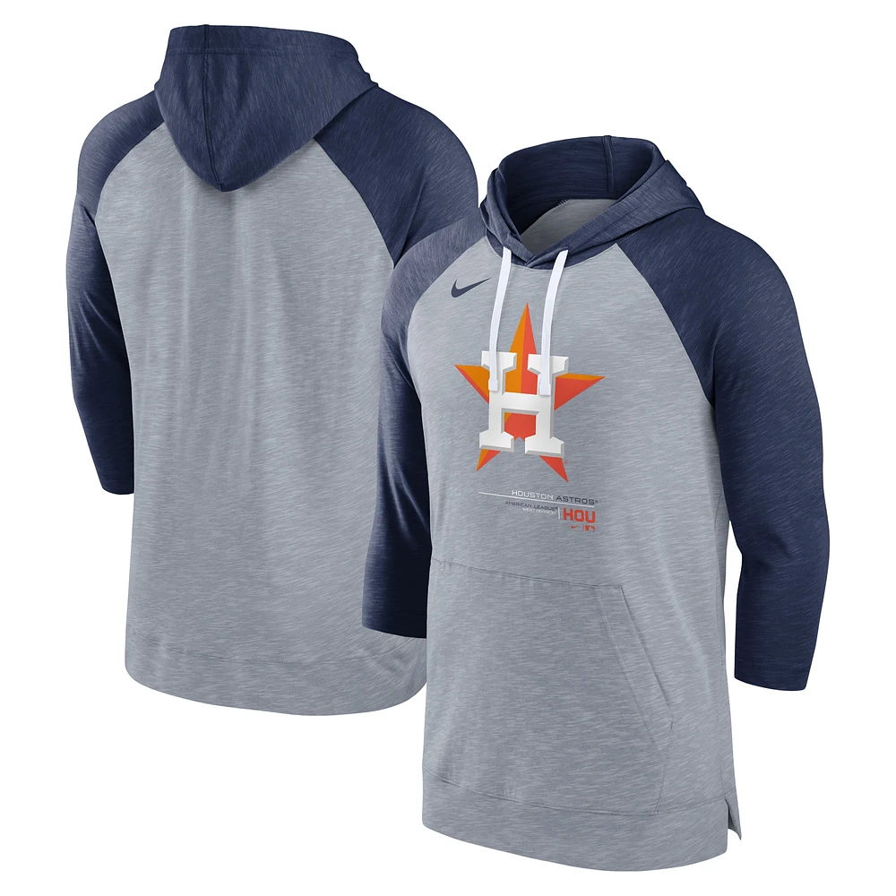 Men's Nike Heather Gray/Heather Navy Houston Astros Baseball Raglan 3/4-Sleeve Pullover Hoodie