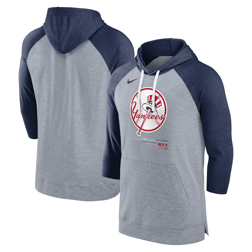 Men's Nike Heather Gray/Heather Navy New York Yankees Baseball Raglan 3/4-Sleeve Pullover Hoodie