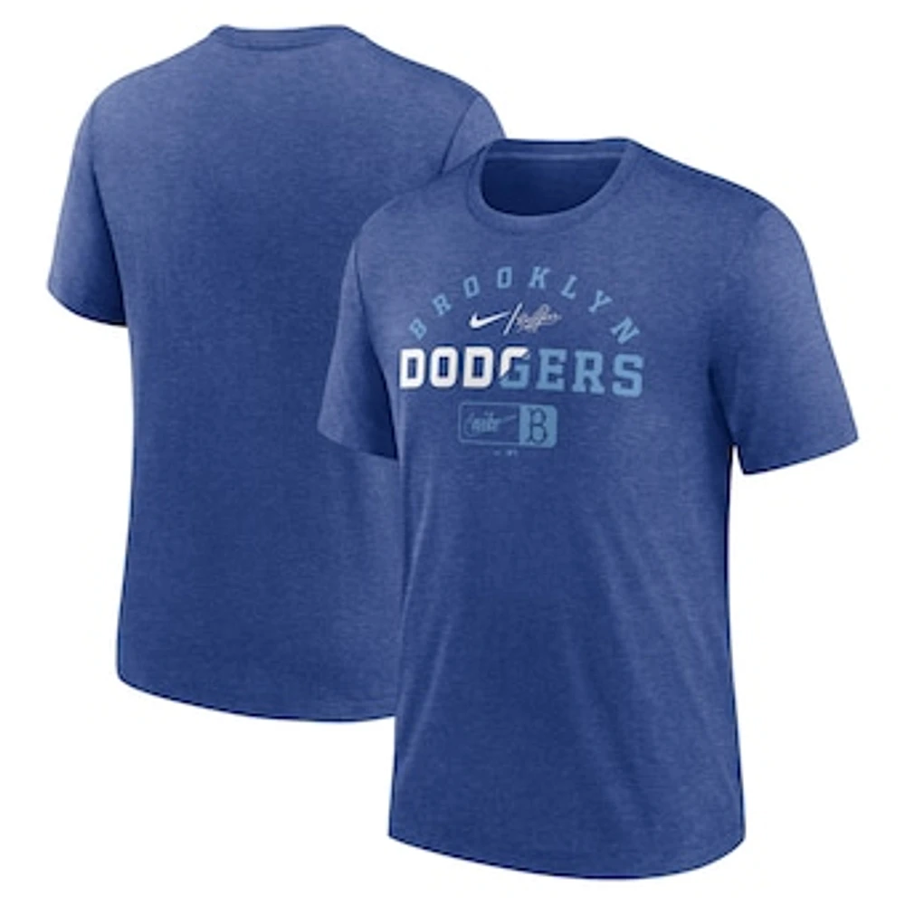 Men's Nike Heather Royal Brooklyn Dodgers Rewind Review Slash Tri-Blend - T-Shirt