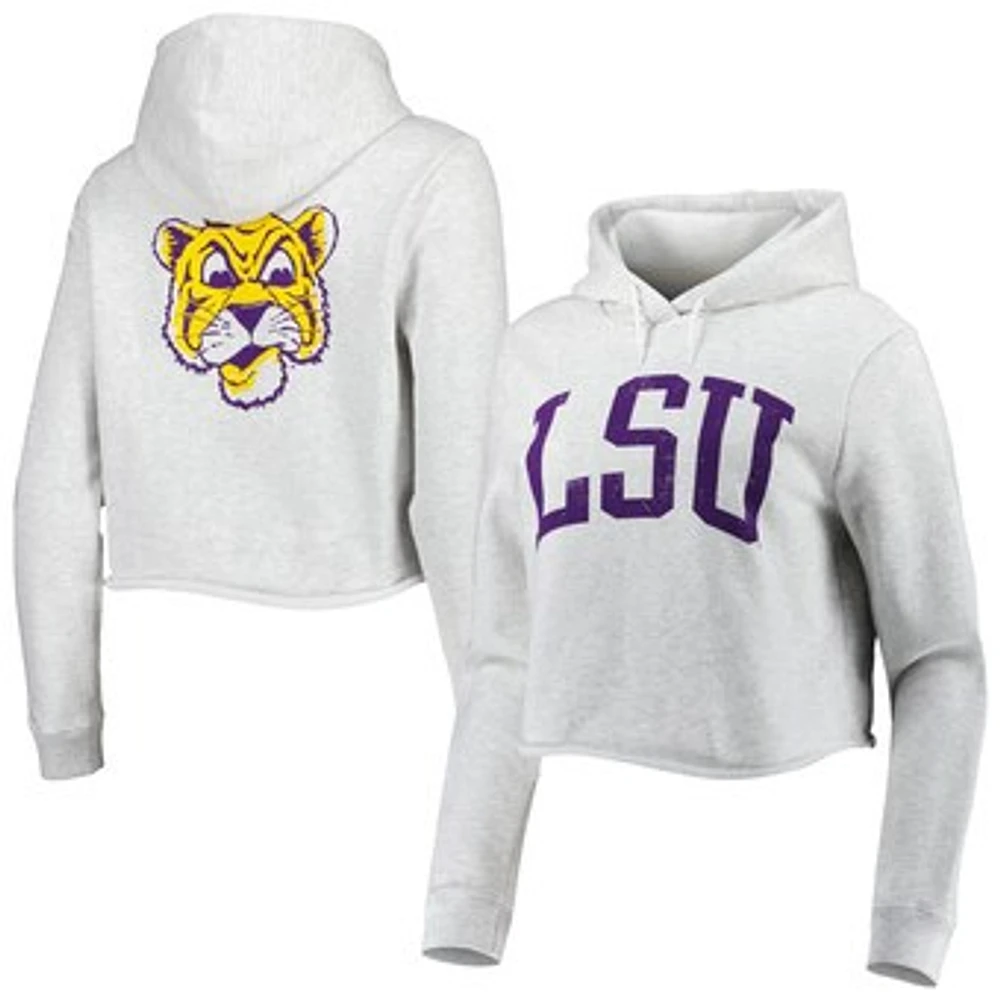 Women's League Collegiate Wear Ash LSU Tigers 2-Hit 1636 Cropped Pullover Hoodie