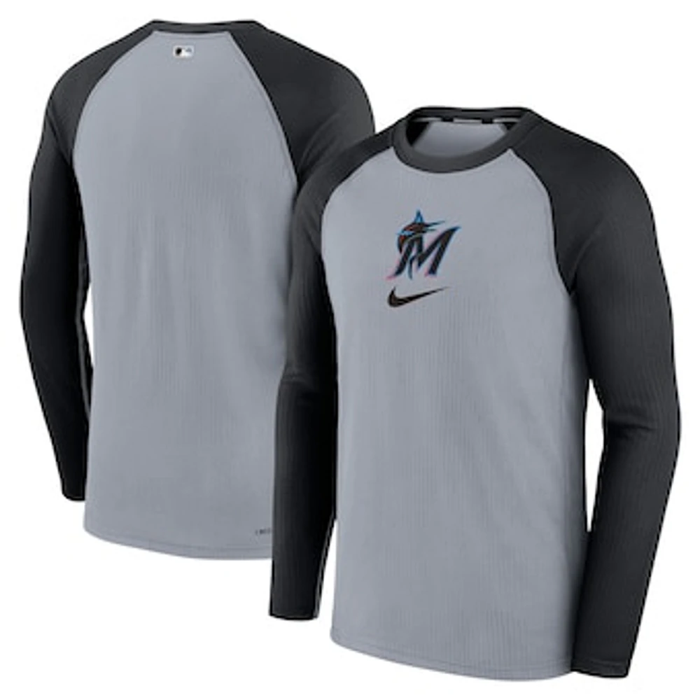 Men's Nike Gray/ Miami Marlins Game Authentic Collection Performance Raglan Long Sleeve T-Shirt