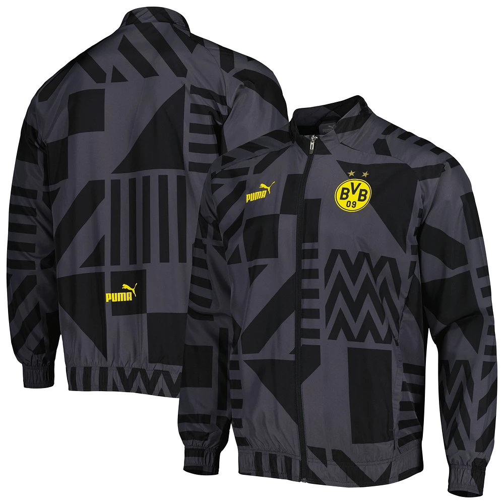 Men's Puma Black Borussia Dortmund Pre-Match Raglan Full-Zip Training Jacket