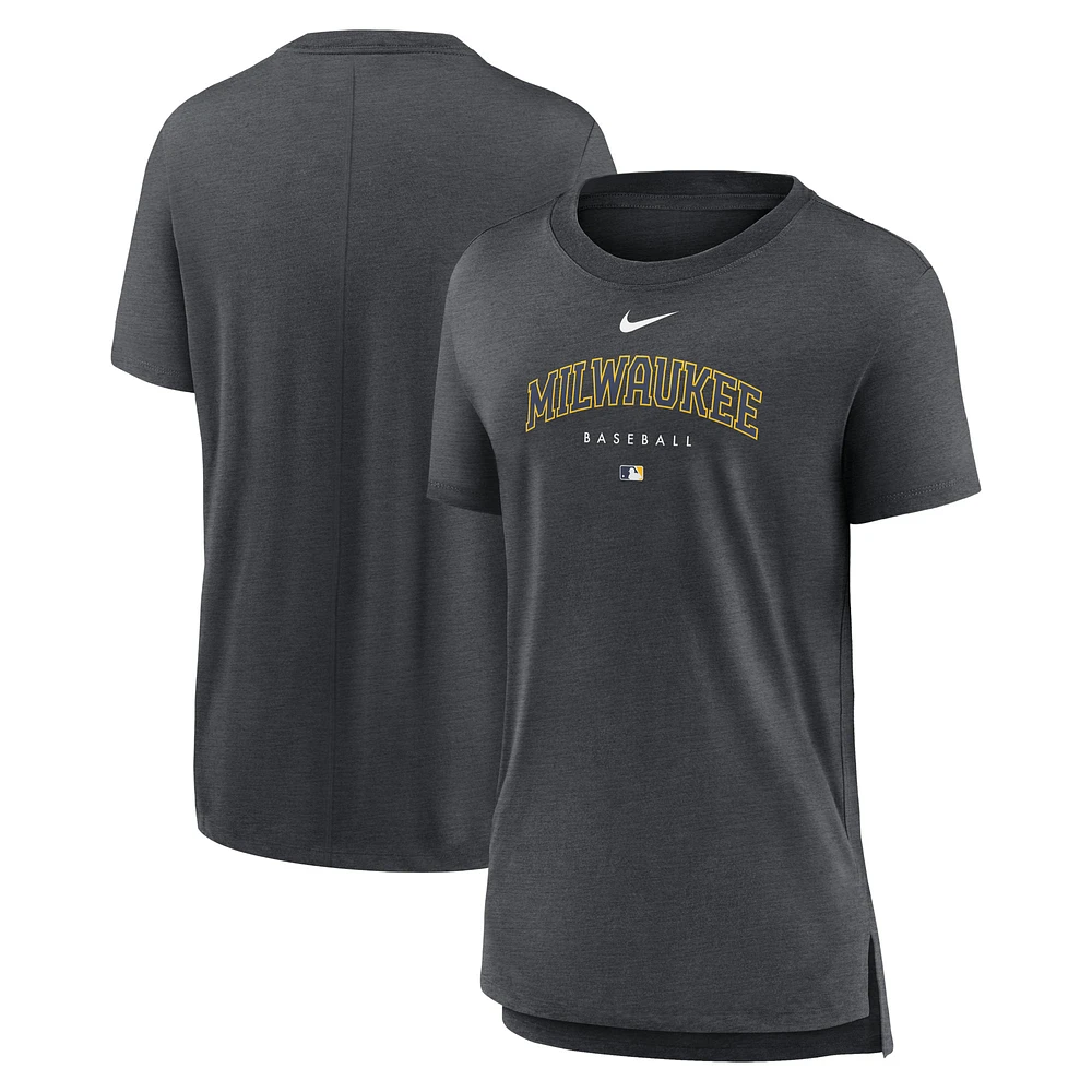 Women's Nike Heather Charcoal Milwaukee Brewers Authentic Collection Early Work Tri-Blend T-Shirt