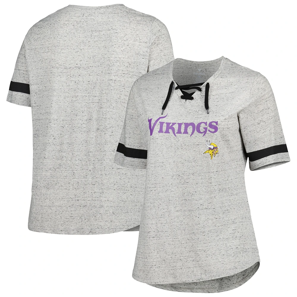 Women's Heather Gray Minnesota Vikings Plus Size Lace-Up V-Neck T-Shirt