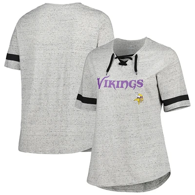 Women's Heather Gray Minnesota Vikings Plus Size Lace-Up V-Neck T-Shirt