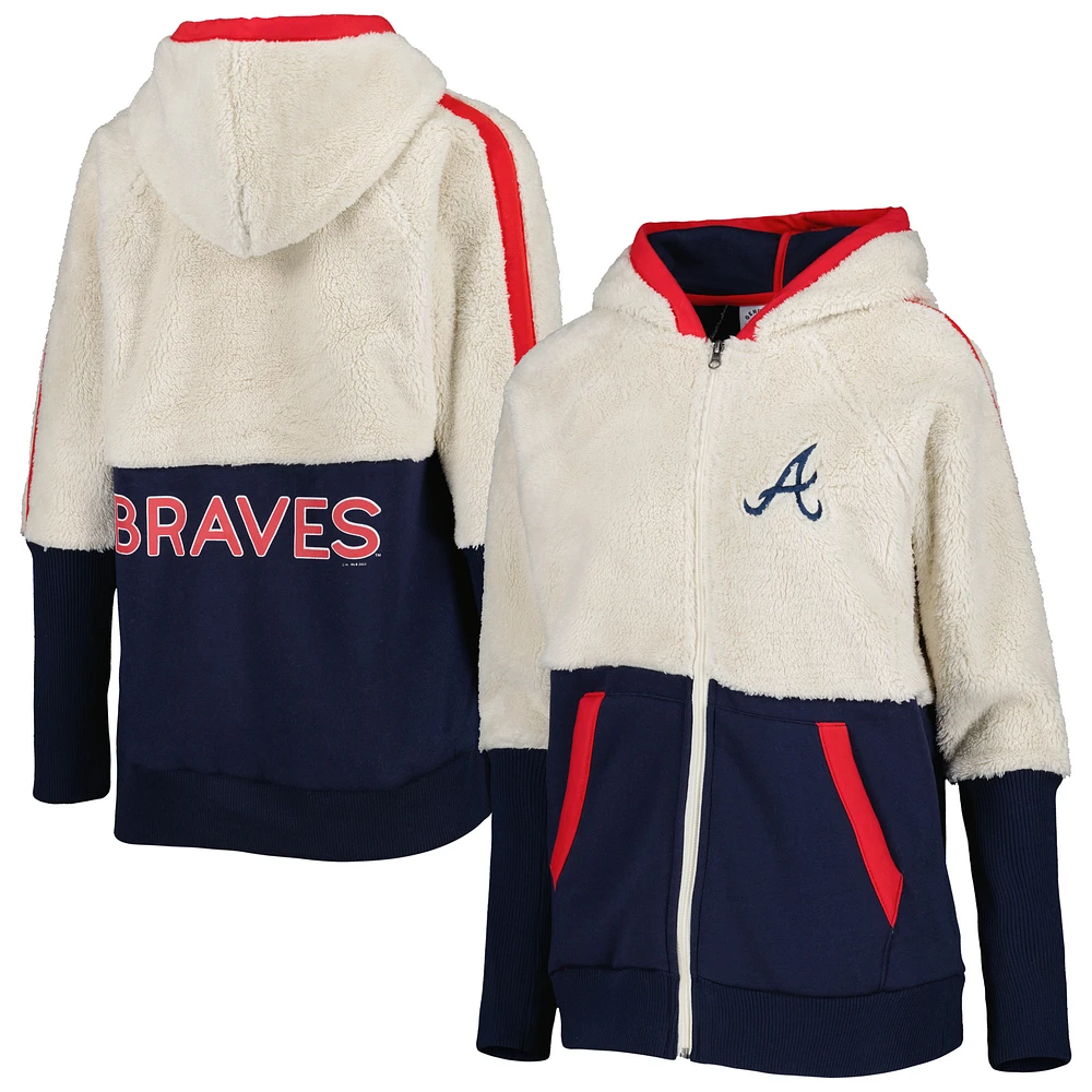 Women's G-III 4Her by Carl Banks Oatmeal/Navy Atlanta Braves Shuffle It Raglan Full-Zip Hoodie