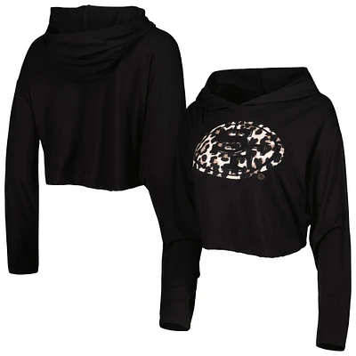 Women's Majestic Threads Black San Francisco 49ers Leopard Cropped Pullover Hoodie