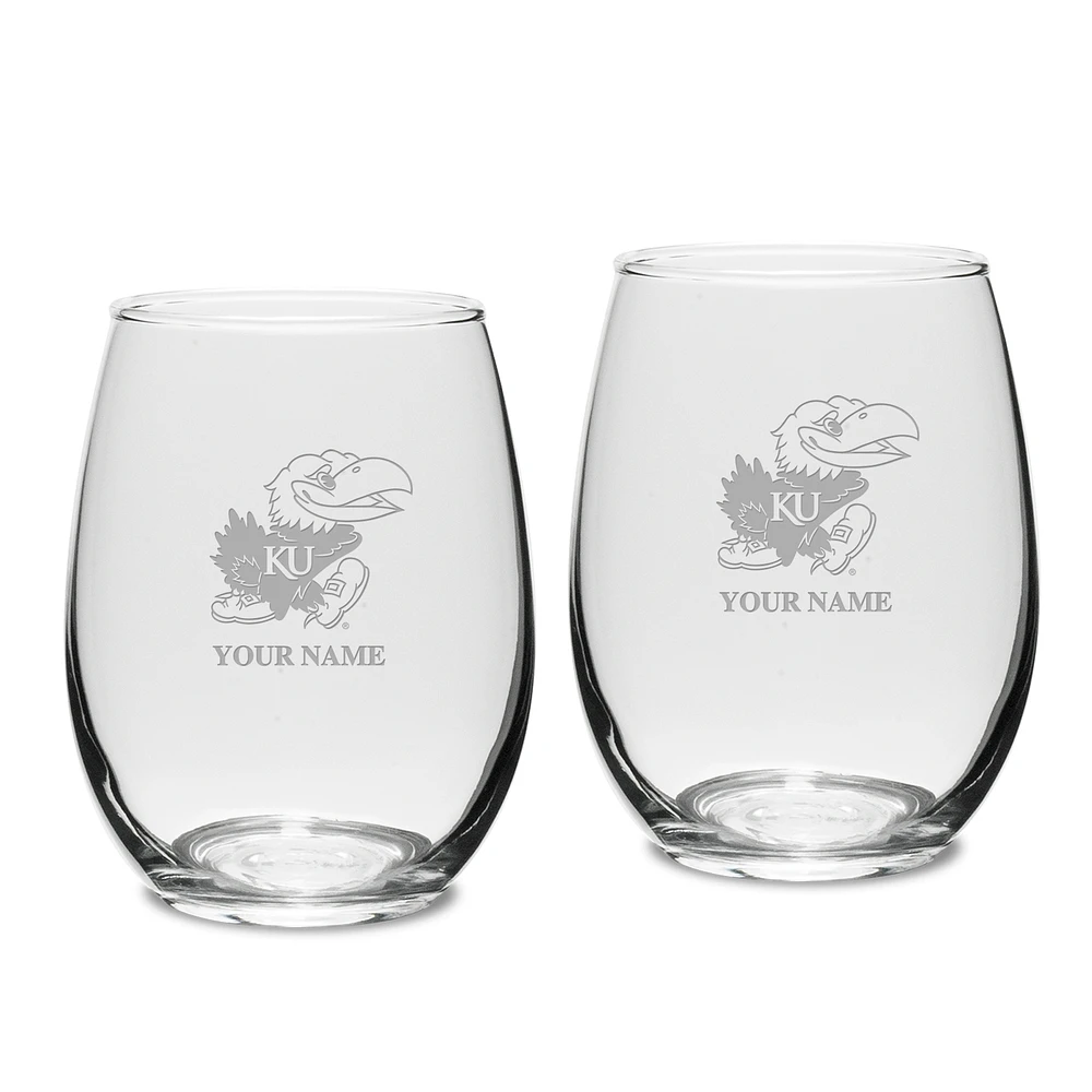 Kansas Jayhawks Personalized 15oz. 2-Piece Stemless Wine Glass Set