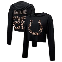 Women's Majestic Threads Jonathan Taylor Black Indianapolis Colts Leopard Player Name & Number Long Sleeve Cropped Hoodie