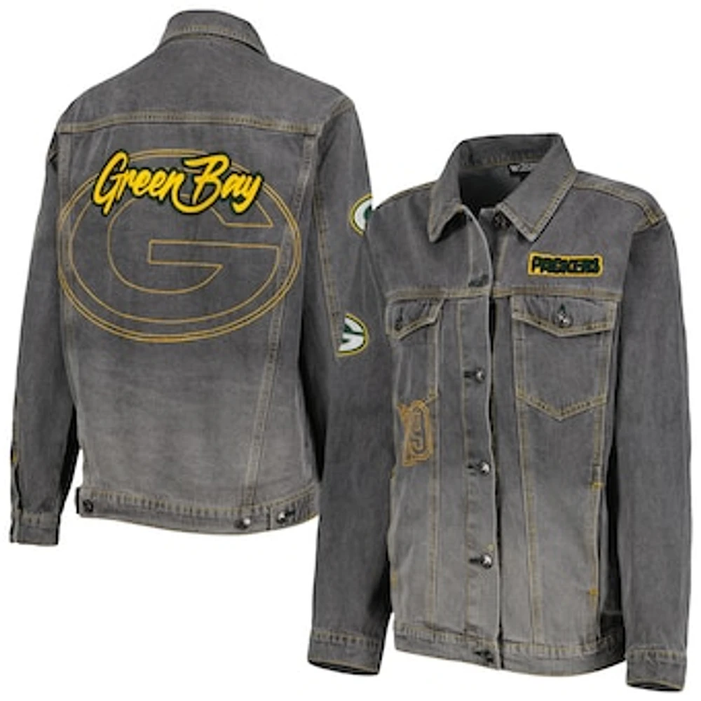 Women's The Wild Collective Denim Green Bay Packers Faded Button-Up Jacket