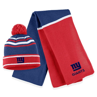 Women's WEAR by Erin Andrews Royal New York Giants Colorblock Cuffed Knit Hat with Pom and Scarf Set