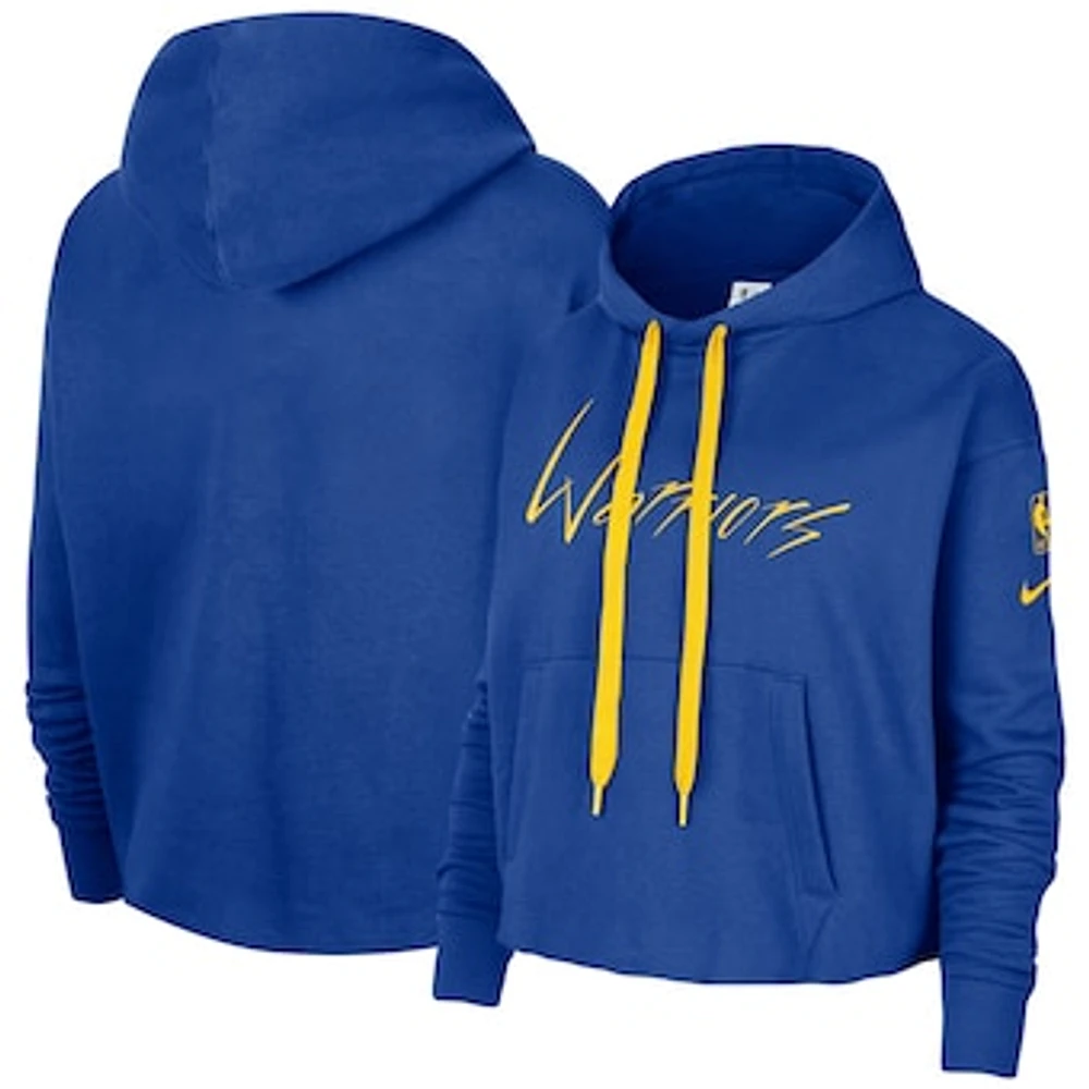 Women's Nike Royal Golden State Warriors Split Flip Courtside Cropped Pullover Hoodie