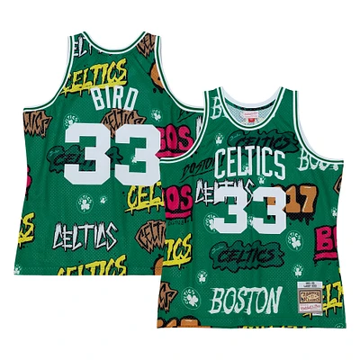 Men's Mitchell & Ness Larry Bird Kelly Green Boston Celtics 1985/86 Hardwood Classics Slap Sticker Swingman - Jersey