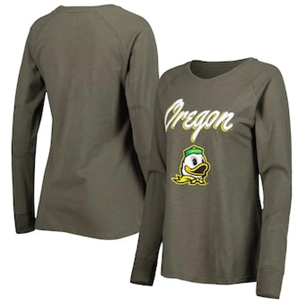 Women's Olive Oregon Ducks Payton Elbow Patch Slub Raglan Long Sleeve T-Shirt