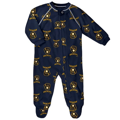 Infant Navy Milwaukee Brewers Zip-Up Raglan Sleeper