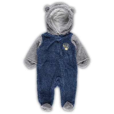 Newborn and Infant Navy/Gray Milwaukee Brewers Game Nap Teddy Fleece Bunting Full-Zip Sleeper