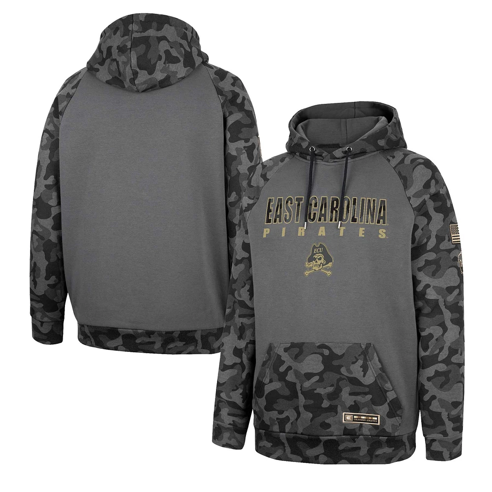 Men's Colosseum Charcoal ECU Pirates OHT Military Appreciation Camo Stack Raglan Pullover Hoodie