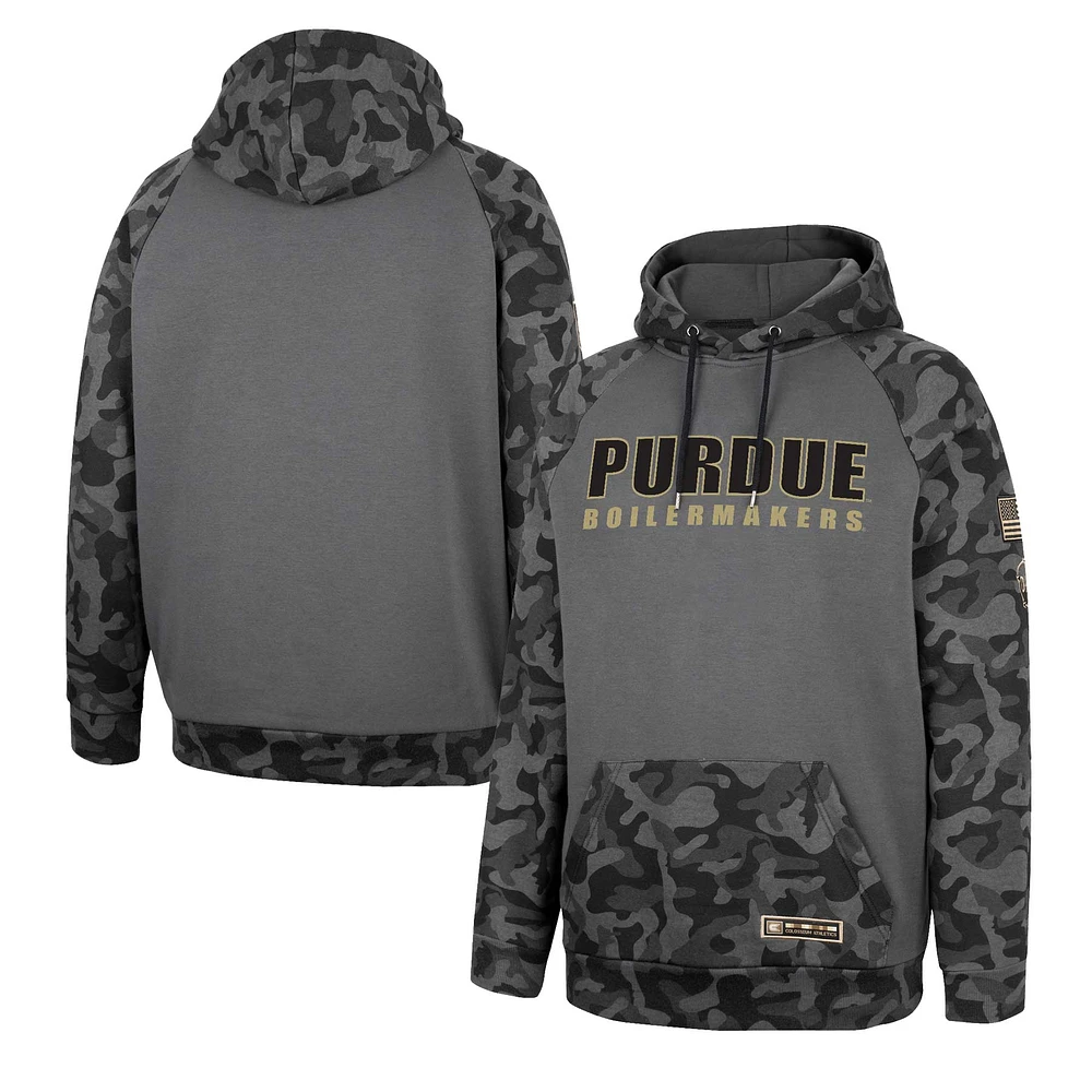 Men's Colosseum Charcoal Purdue Boilermakers OHT Military Appreciation Camo Stack Raglan Pullover Hoodie