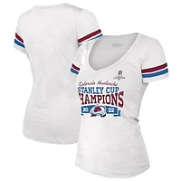 Women's Majestic Threads White Colorado Avalanche 2022 Stanley Cup Champions Striped V-Neck T-Shirt