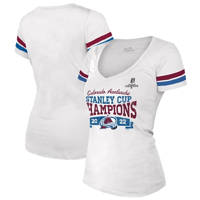 Women's Majestic Threads White Colorado Avalanche 2022 Stanley Cup Champions Striped V-Neck T-Shirt