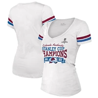 Women's Majestic Threads White Colorado Avalanche 2022 Stanley Cup Champions Striped V-Neck T-Shirt