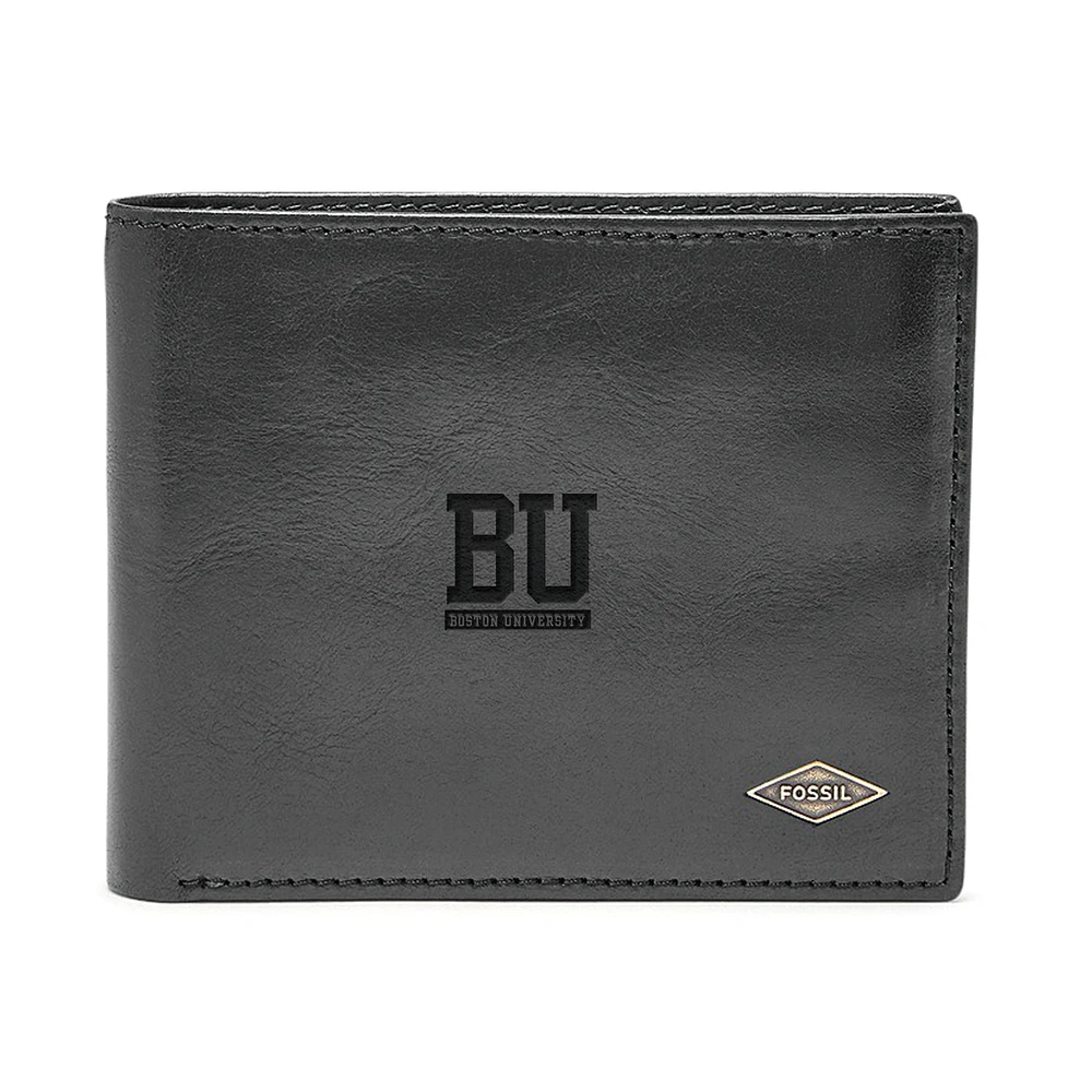 Men's Fossil Black Boston University Leather Ryan RFID Flip ID Bifold Wallet