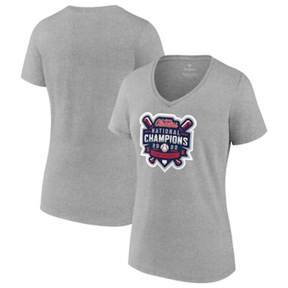 Women's Fanatics Heathered Gray Ole Miss Rebels 2022 NCAA Men's Baseball College World Series Champions Official Logo V-Neck T-Shirt