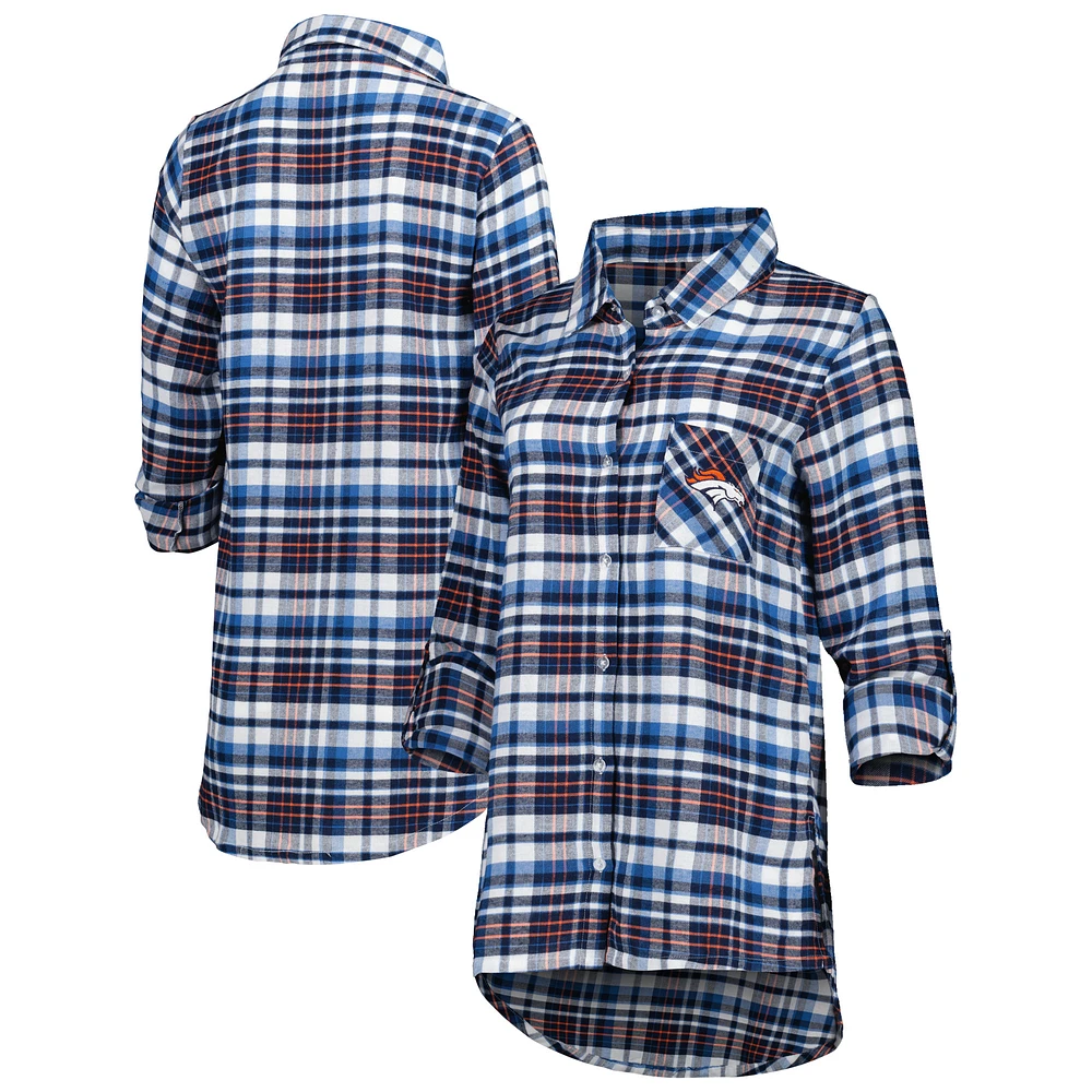 Women's Concepts Sport Navy Denver Broncos Mainstay Plaid Full-Button Long Sleeve Nightshirt