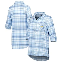 Women's Concepts Sport Powder Blue Los Angeles Chargers Mainstay Plaid Full-Button Long Sleeve Nightshirt