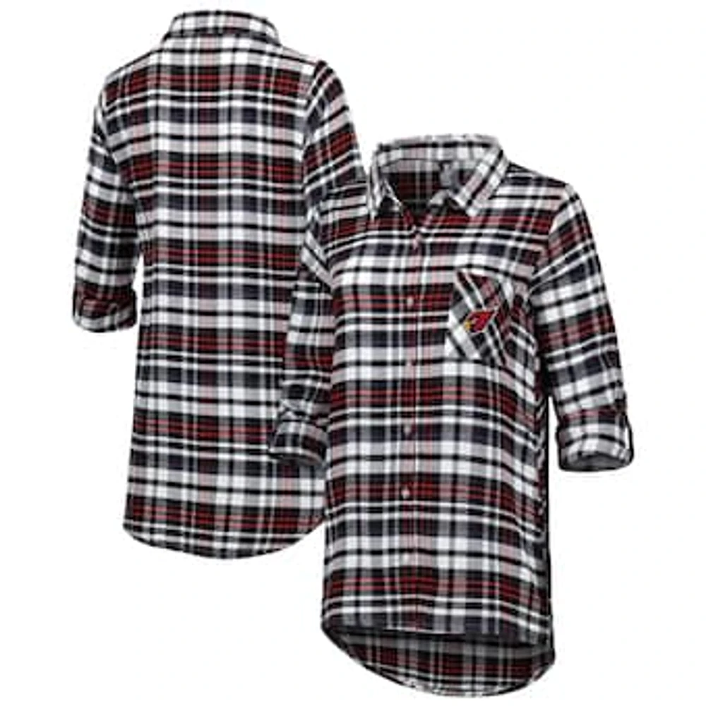 Women's Concepts Sport Black Arizona Cardinals Mainstay Plaid Full-Button Long Sleeve Nightshirt