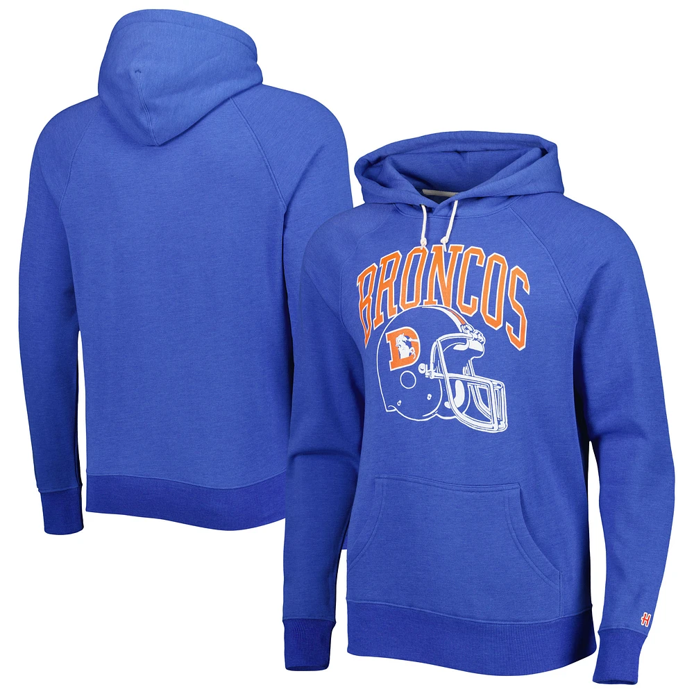 Men's Homage Royal Denver Broncos Retro Helmet Tri-Blend Raglan Pullover Hoodie