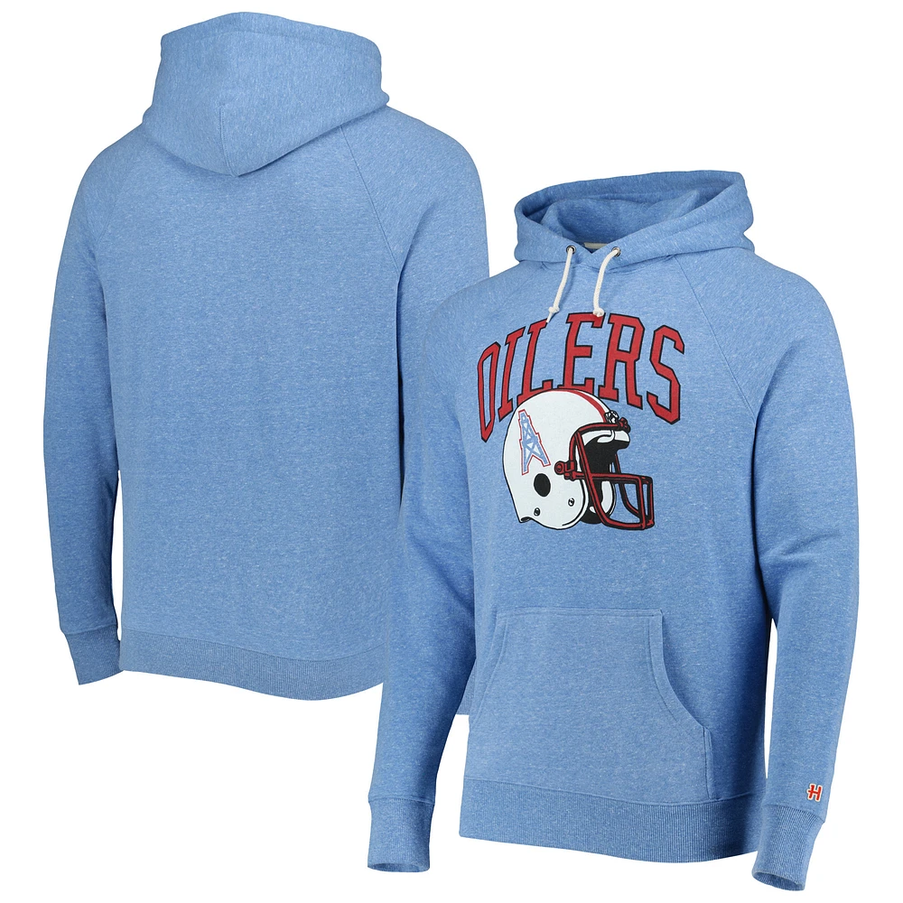 Men's Homage Light Blue Houston Oilers Gridiron Classics Retro Helmet Tri-Blend Raglan Pullover Hoodie