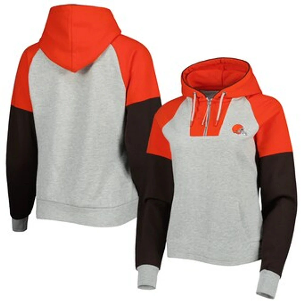 Women's Antigua  Heather Gray Cleveland Browns Lightweight Jackpot Raglan Half-Zip Pullover Hoodie